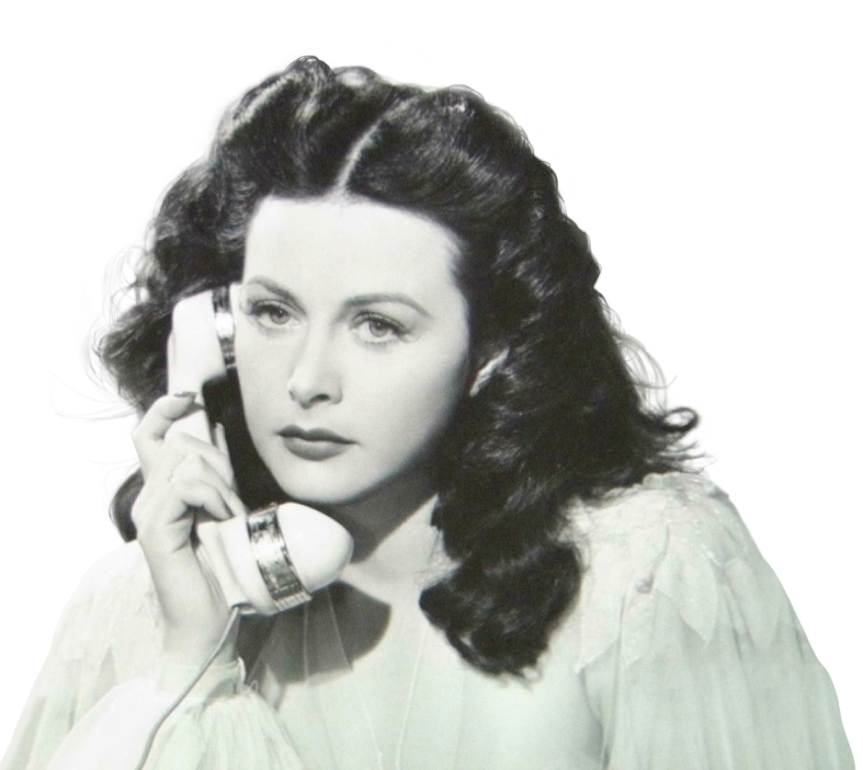 Black and white photo of Hedy Lamarr speaking into a telephone and looking forwards